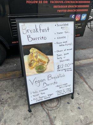 Breakfast burrito menu