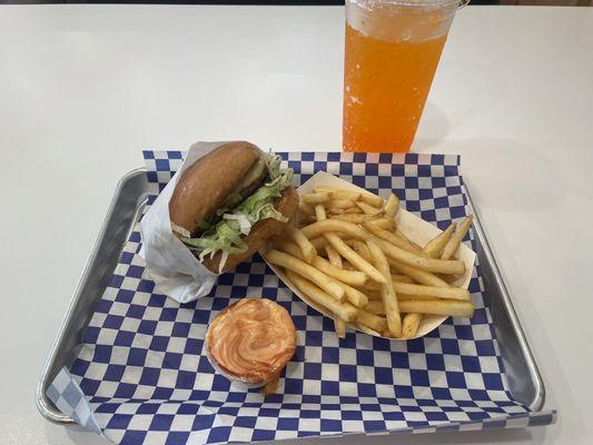 A modified Gouda Burger, fries, orange soda and my own fry sauce. The garlic rosemary aoli is mouthwatering!