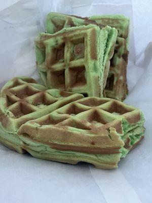 Got a  green waffle  it was yummy!  The lady was nice. The smell of the waffle filled up the area leaving a sweet fragrance.