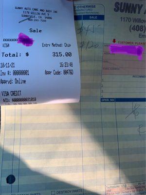 Total $315 for brake pad and rotor repair, and tire repair