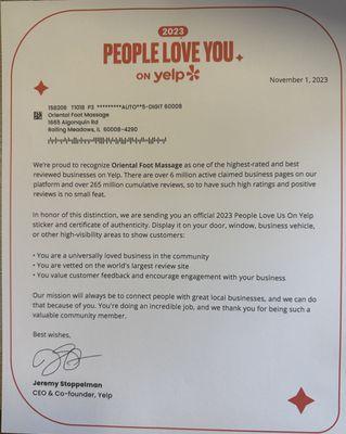 Letter from yelp