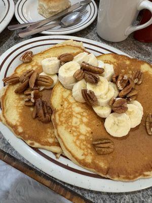 Banana pecan pancakes and biscuit