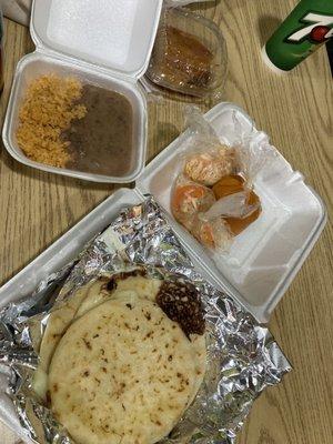 Pupusas, Beans and rice, Flan