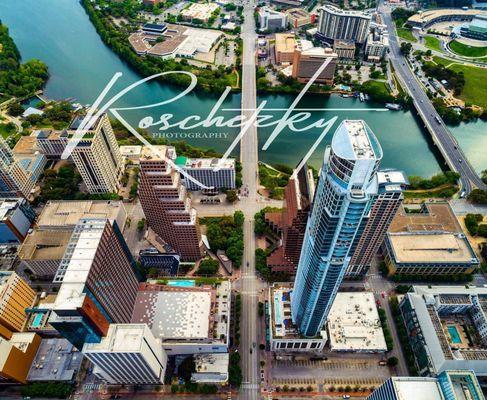 Drone view high above Austin Texas looking down on the City from Above