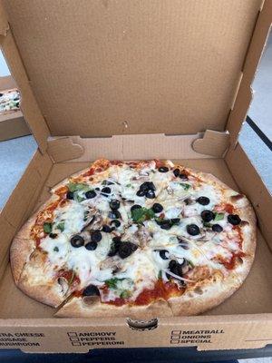 Cheese Pizza with Olives, Spinach, Onions, Mushroom, and Parmesan