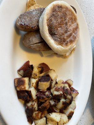 Home fries  Egg, cheese, and sausage on English muffin