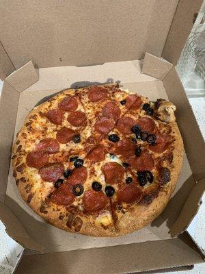 Half olives and missing crust is a real attractive order.