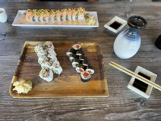 Texas longhorn roll, California roll, spicy tuna roll & hot sake