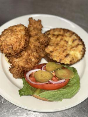 Crispy chicken sandwich with homemade white cheddar macaroni and cheese