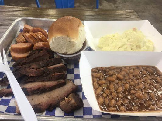 Sausage and brisket (dry) with beans and potato salad