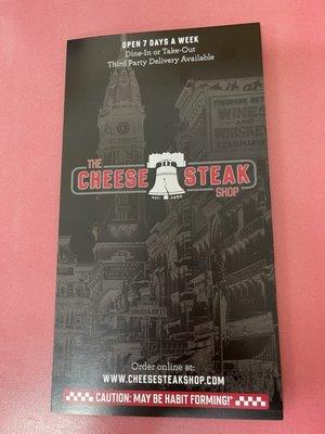 Menu cover @ The Cheese Steak Shop.