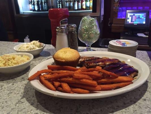 Grilled chicken, coleslaw, sweet potato fries, cornbread and rice pilaf