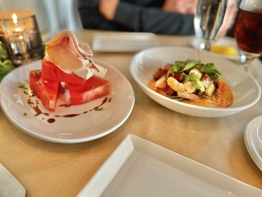 Prosciutto & melon (left) / crispy pork belly & rock shrimp tostada (right)