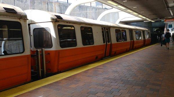 Outbound train at Roxbury Crossing station