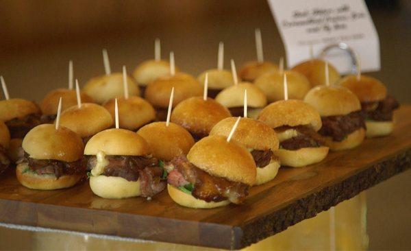 Steak Sliders with Caramelized Onions, Brie, Fig Jam and Arugula on our House-made Buns