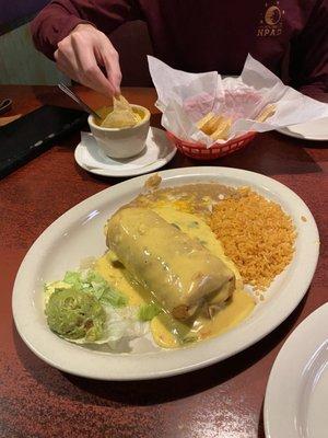 Barbacoa Chimichanga and cup of Queso