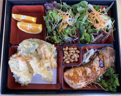 Salmon bento box with shrimp tempura and double salad