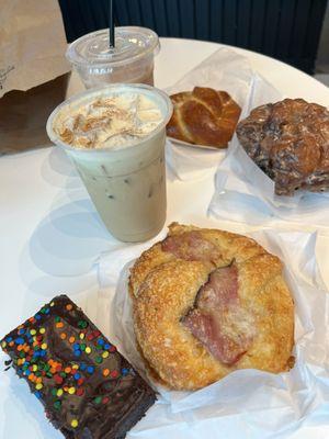 GF Cosmic brownie, ham and cheese pretzel, salted pretzel, and apple fritter