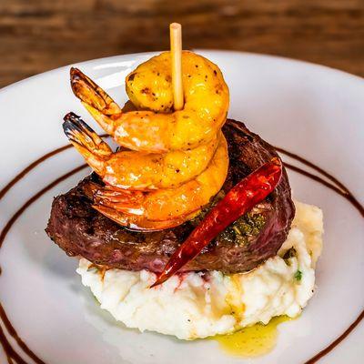 Steak and shrimp with chimichurri sauce and jalapeño mash!