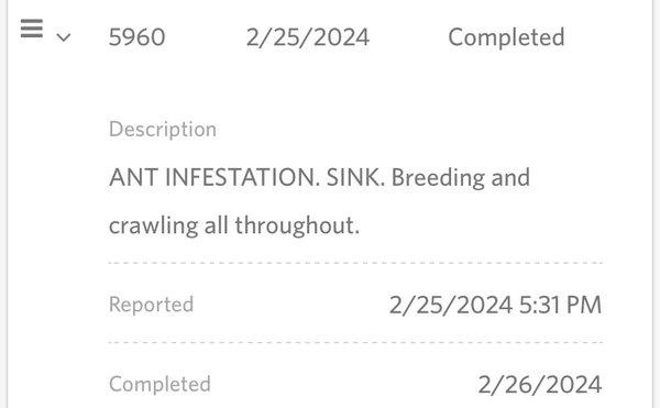 Original maintenance request for ant infestation made in February - they have been notified of the issue for months.