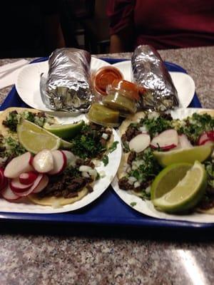 Tacos and a Burrito de carne asada y de lengua