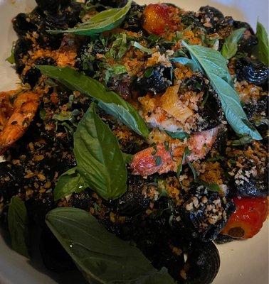 lumache nero - squid ink pasta , georgia red shrimp, 'nduja, san marzano tomatoes, calabrian chili & basil, 8.7.2021.