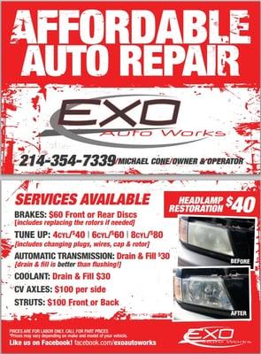 Pricing for Exo Auto Works