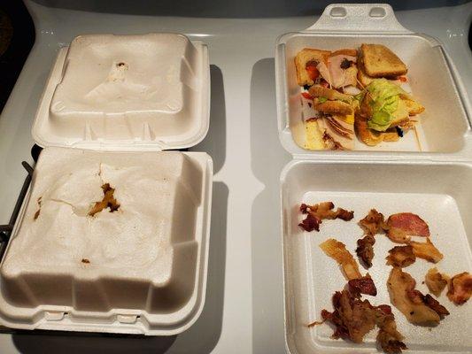 Styrofoam melted into the food and uncooked bacon...ALL of which went in the trash