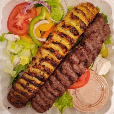 Chicken and beef koobideh over salad