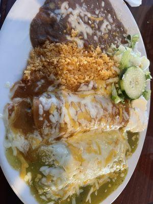 Enchilada plate, verde with shredded beef and Roja, red sauce with shredded chicken.