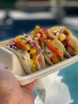 Sea bass taco, shrimp taco and beef taco