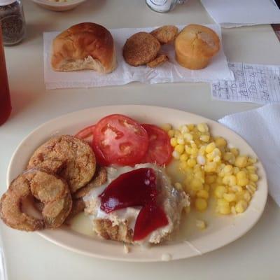 Turkey 'n dressing, fried green tomatoes, hominy, tomato slices, cornbread and tea, only $7.50 (5-5-16 price is $8.00)