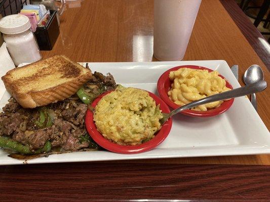 Beef tips and rice, broccoli casserole and macaroni and cheese.