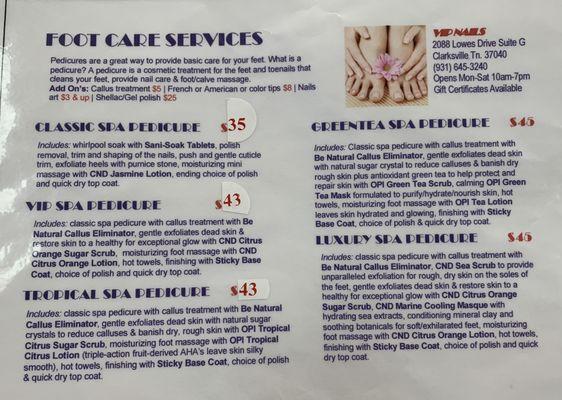 Pedicure menu as of August 2023