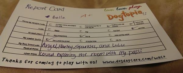 You receive a cute Report Card when you pick up your pup