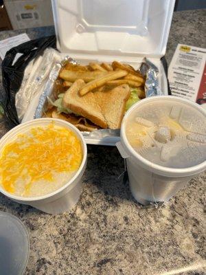 BLT,Steak Fries,Cheese Grits and chamomile Tea