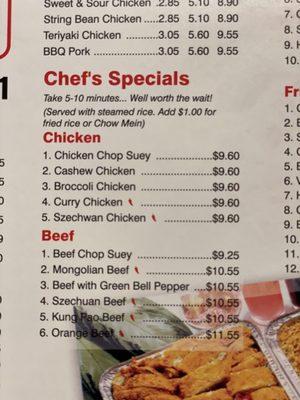 Chicken/beef menu