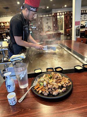 Filet Mignon and chicken.  With saki. Showing spacious area.  The place is huge.