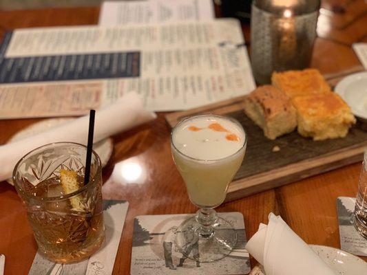 Smoked old fashioned, pisco sour  and bread board. Yummmm!!!!!