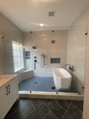 Primary bathroom featuring modern shower and tub