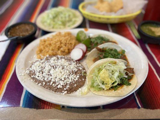 Their Special " 3 soft Tacos with rice and beans" I got shredded beef and side of lettuce.