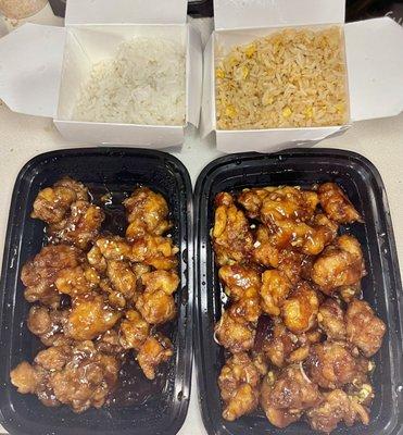 General Tso's Chicken with Fried Rice And  Sesame Chicken with White Rice.  Large portions.