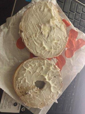 Definitely not extra cream cheese dry as a bone and not an everything bagel. I don't even think you can call this regular cream cheese.