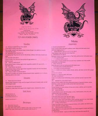 Menu, appetizers, noodles, desserts, Thai pan dragon alley restaurant, Yelp's night in, To Go, Indian Rocks Beach island, St Pete, Tampa Bay