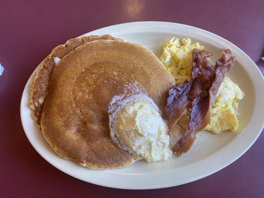 Pancakes, Bacon and scrambled eggs.