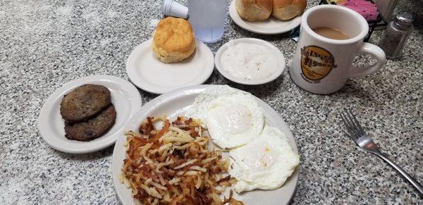 Two egg breakfast with sausage. $8.29