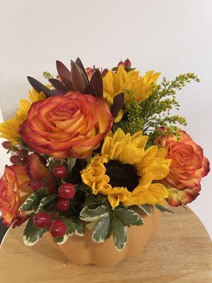 Sunflowers, Orange Roses, Safari sunset, Red Berries, Yellow Solidago and PumpkinContainer