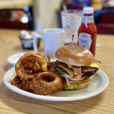 Bacon, avocado cheeseburger, onion, rings, and coffee.  DELICIOUS