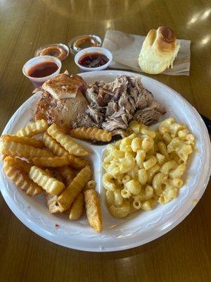 Chicken , pork , Mac n cheese and fries