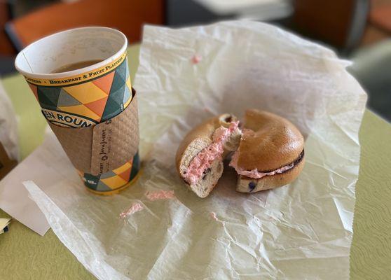 Strawberry and chocolate coffee and a blueberry bagel with strawberry cream cheese .... Yum!